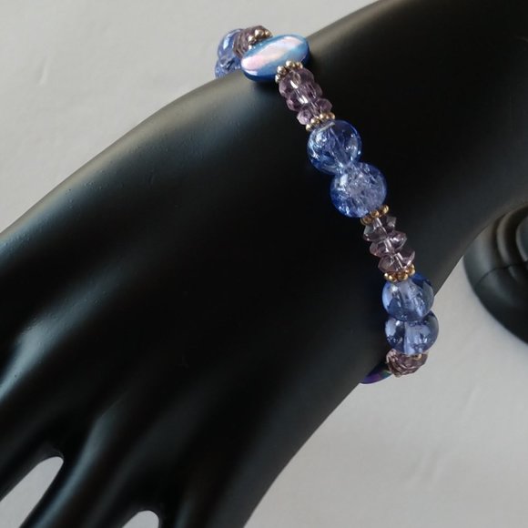Hand Crafted Jewelry - Purple Beaded Bracelet with Periwinkle Shells Handmade 7.5 Inches